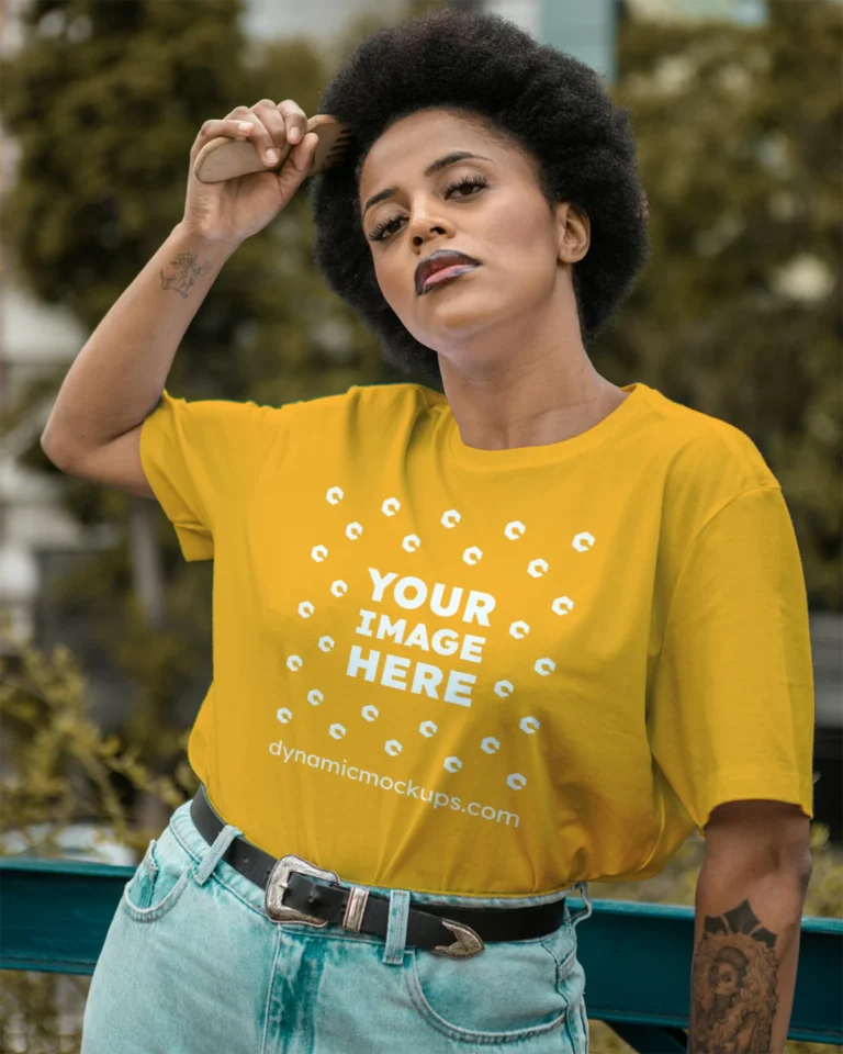 Woman Wearing Orange T-shirt Mockup Front View Template