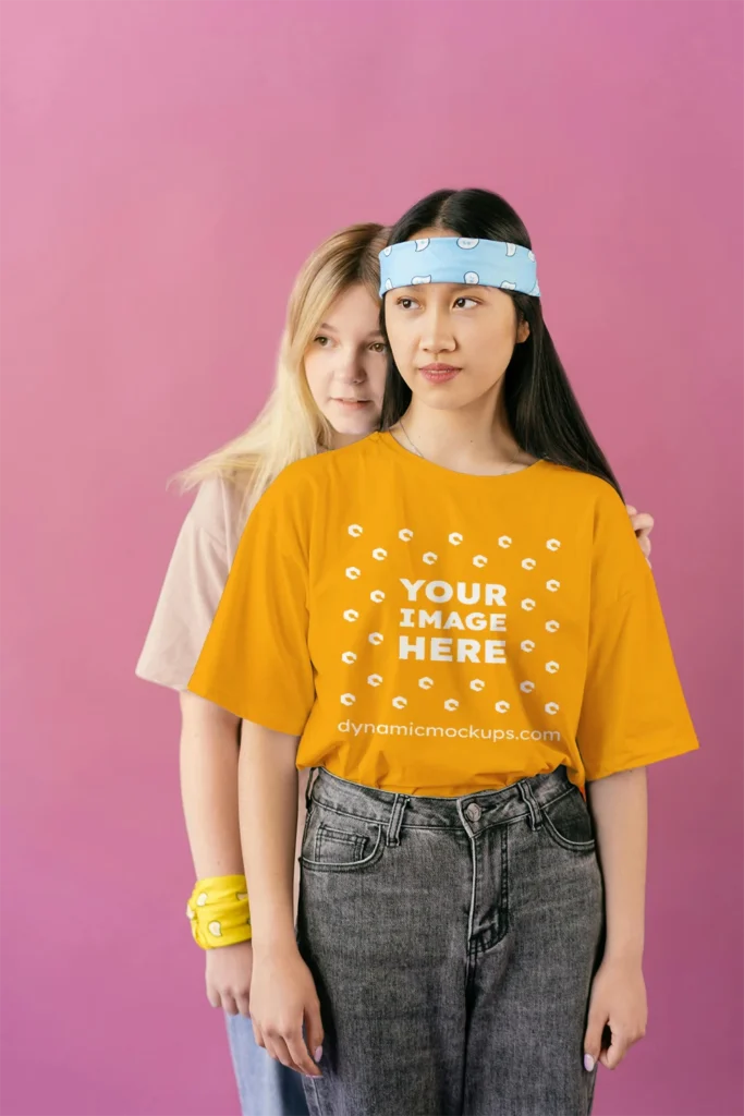 Woman Wearing Orange T-shirt Mockup Front View Template