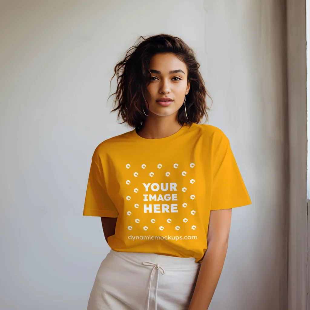 Woman Wearing Orange T-shirt Mockup Front View Template