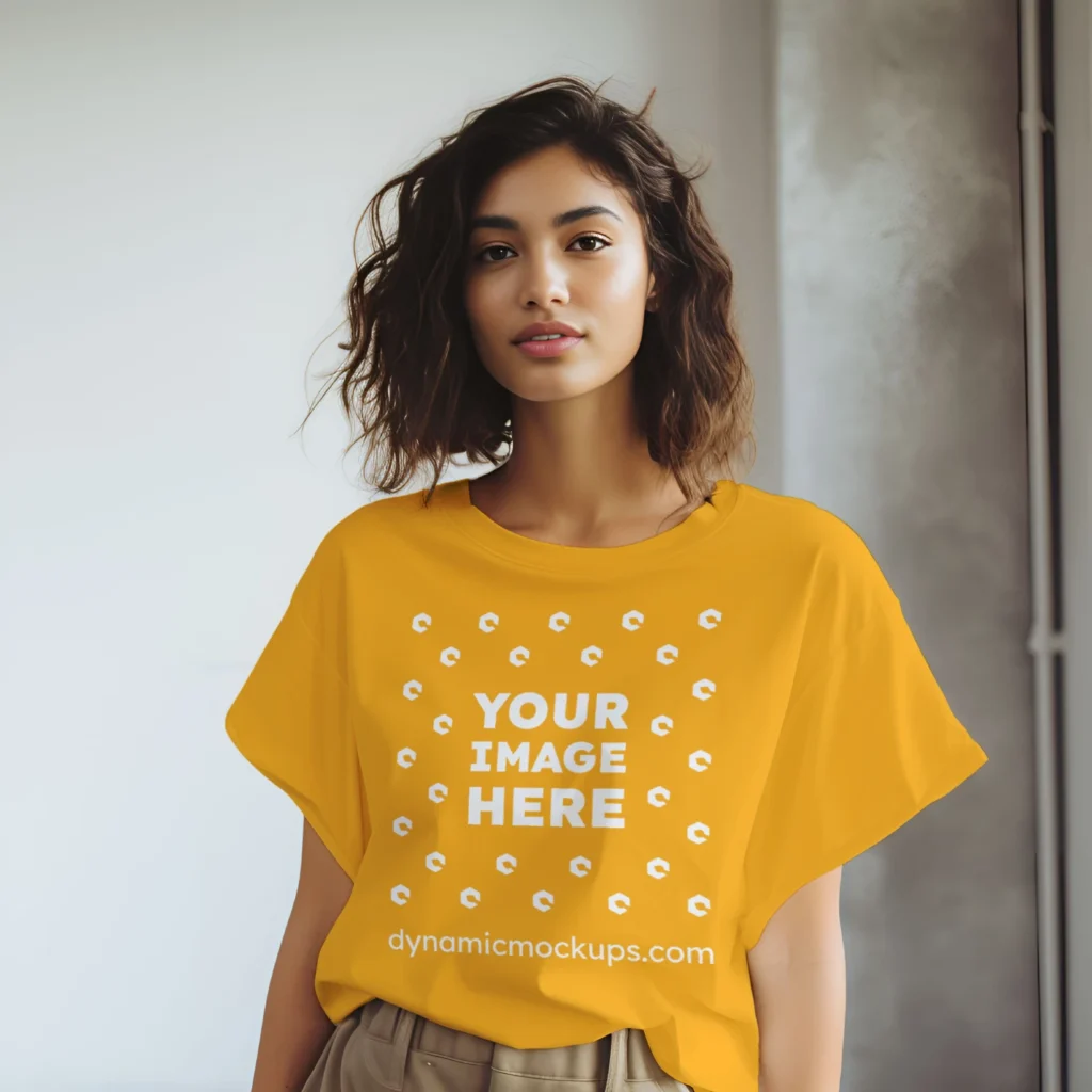 Woman Wearing Orange T-shirt Mockup Front View Template