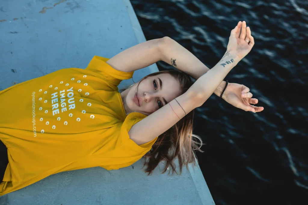 Woman Wearing Orange T-shirt Mockup Front View Template