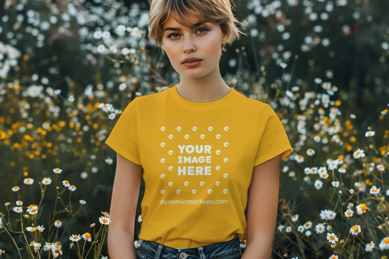 Woman Wearing Orange T-shirt Mockup Front View Template