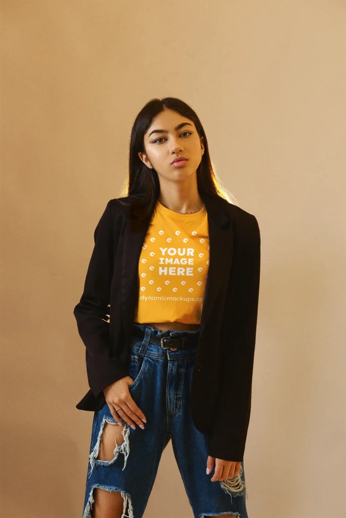 Woman Wearing Orange T-shirt Mockup Front View Template