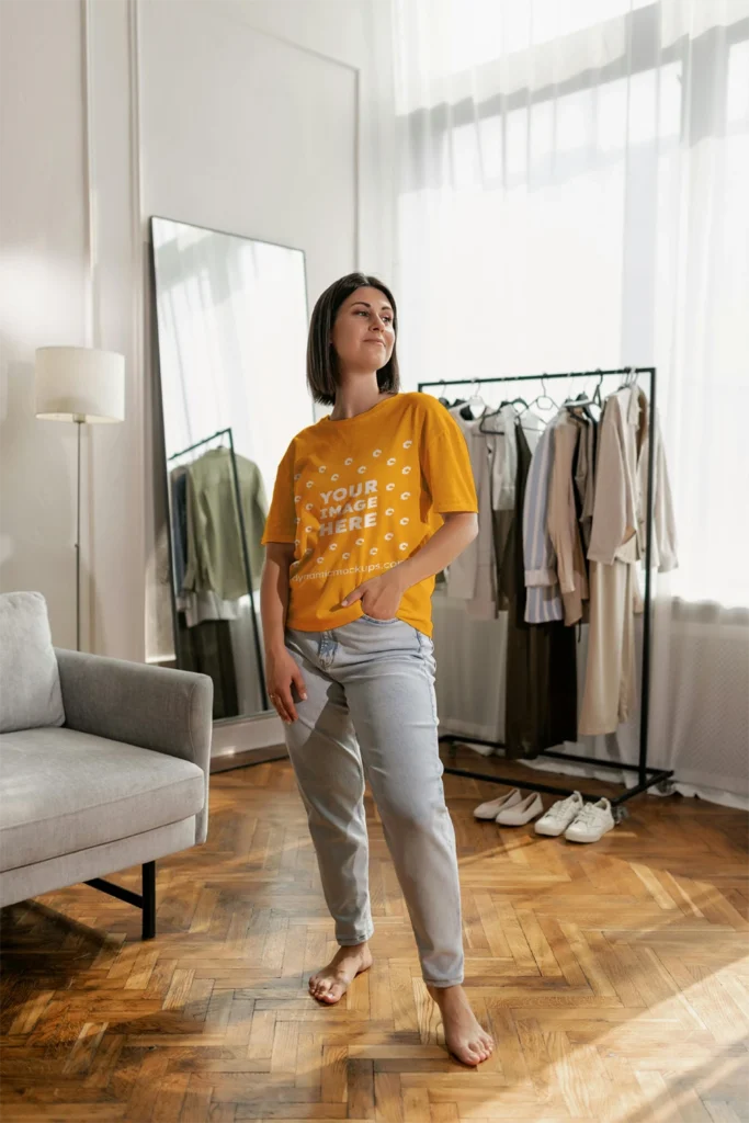 Woman Wearing Orange T-shirt Mockup Front View Template