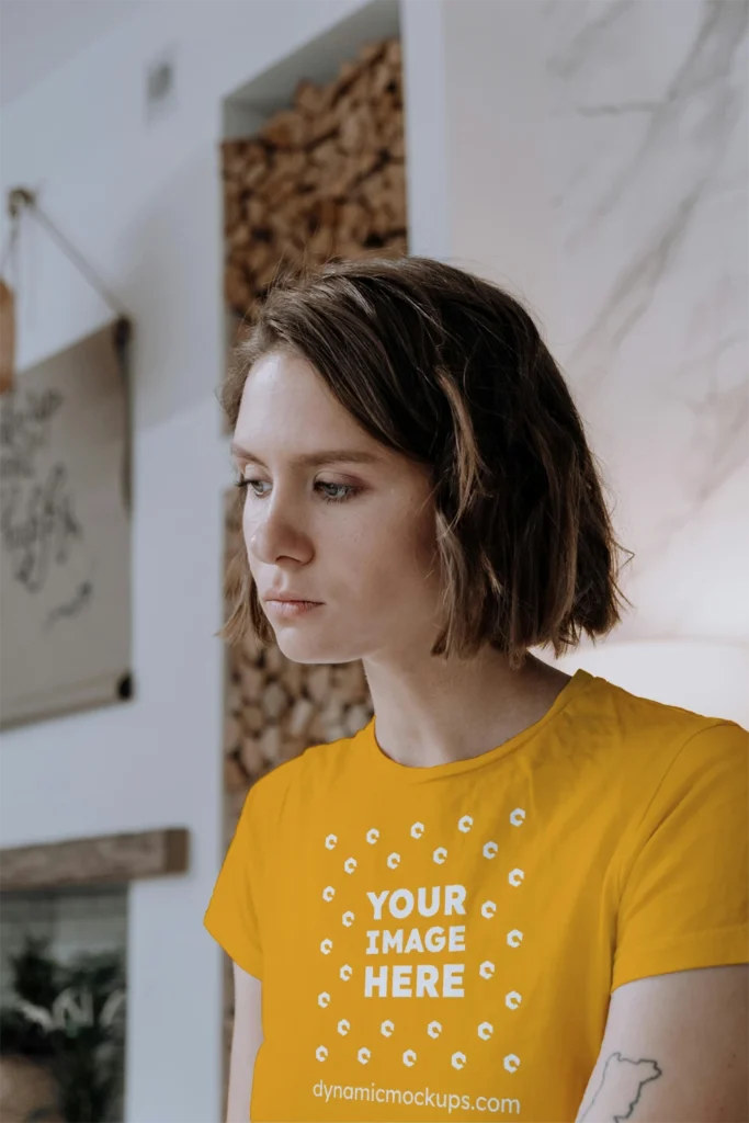 Woman Wearing Orange T-shirt Mockup Front View Template