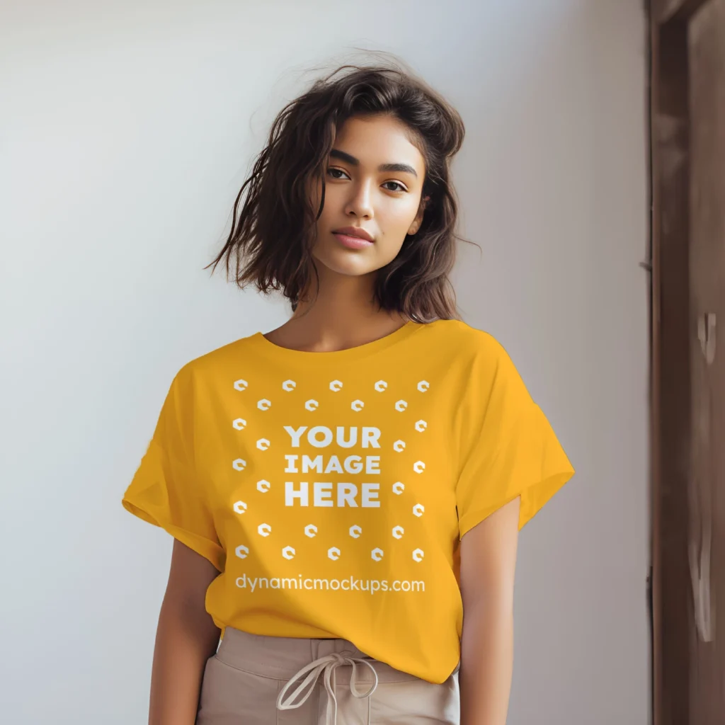 Woman Wearing Orange T-shirt Mockup Front View Template