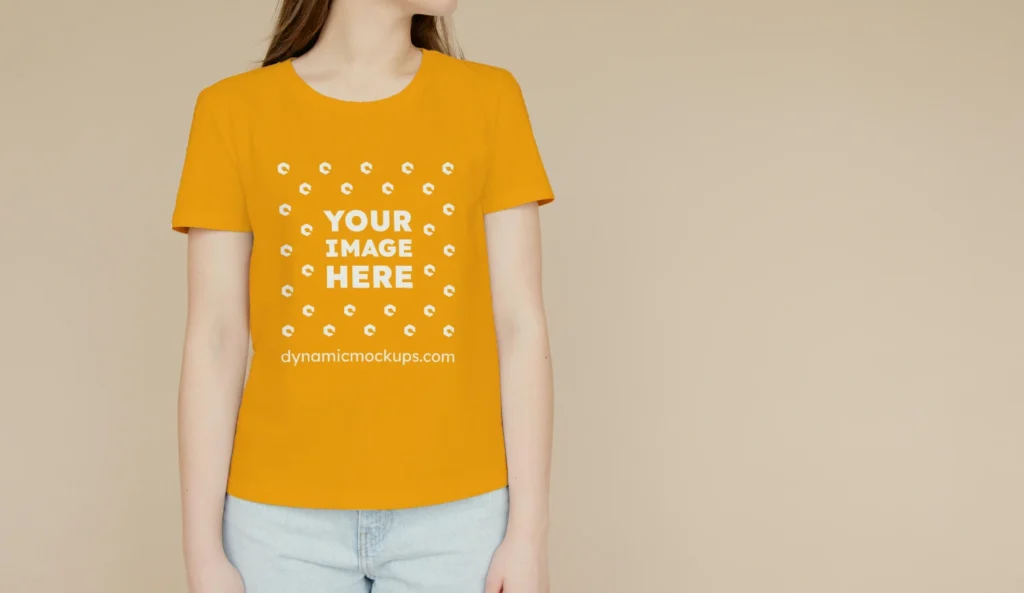 Woman Wearing Orange T-shirt Mockup Front View Template