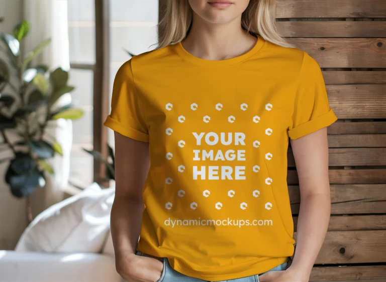 Woman Wearing Orange T-shirt Mockup Front View Template