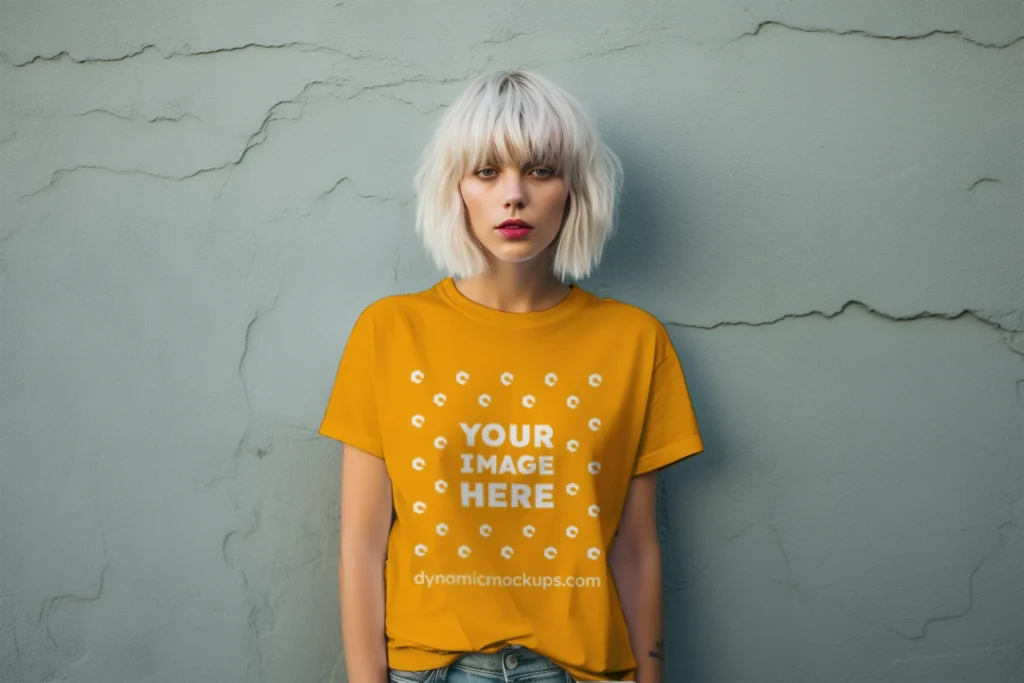 Woman Wearing Orange T-shirt Mockup Front View Template