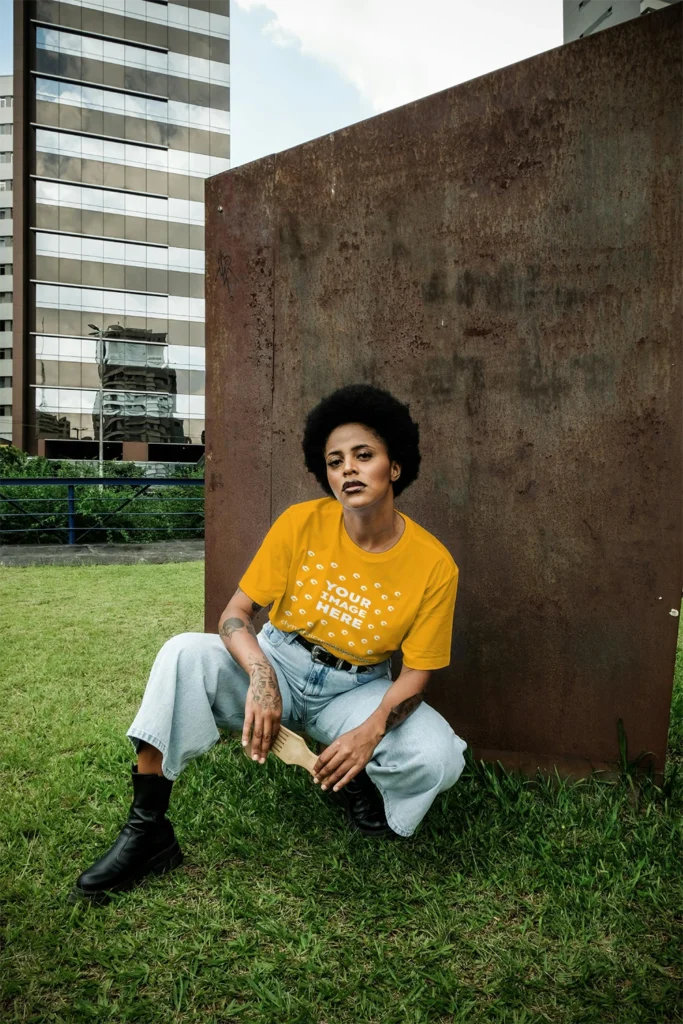 Woman Wearing Orange T-shirt Mockup Front View Template