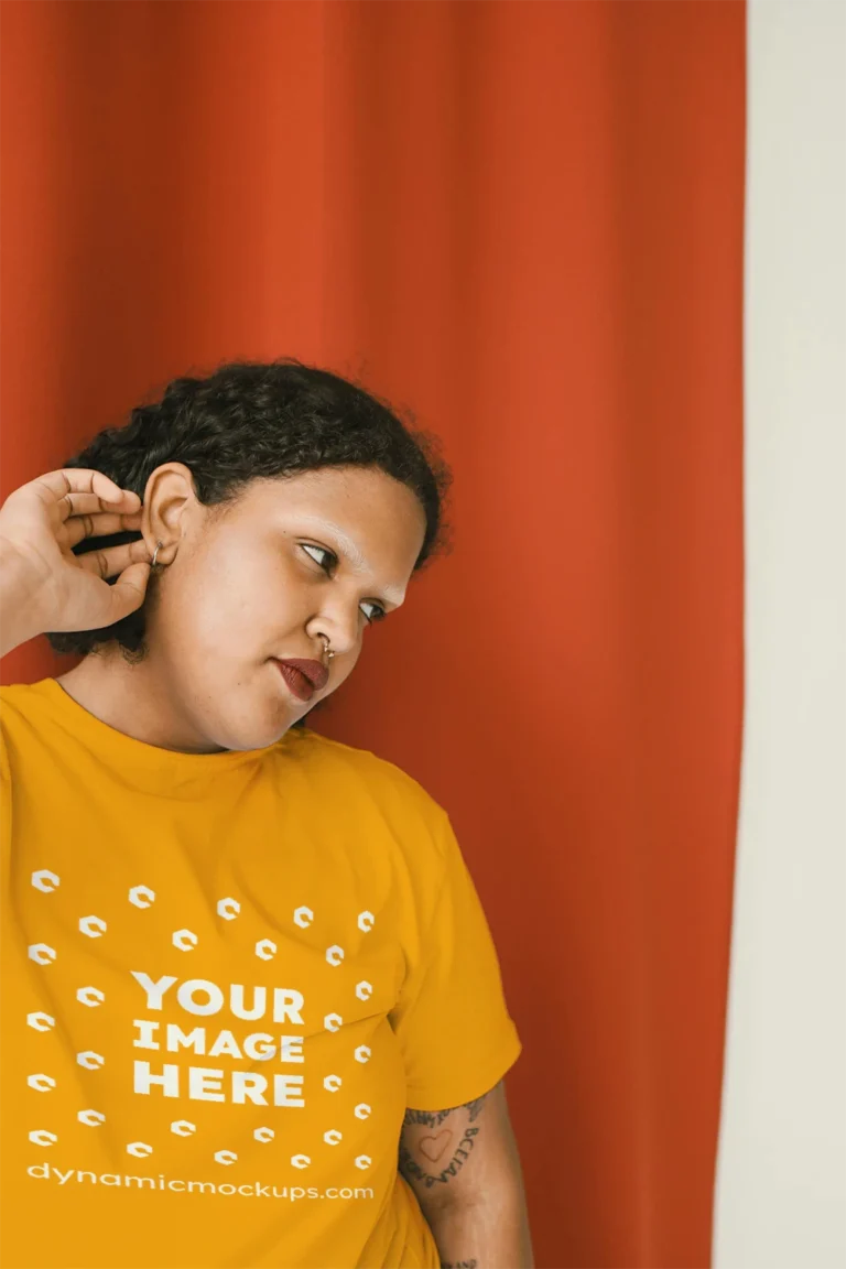 Woman Wearing Orange T-shirt Mockup Front View Template