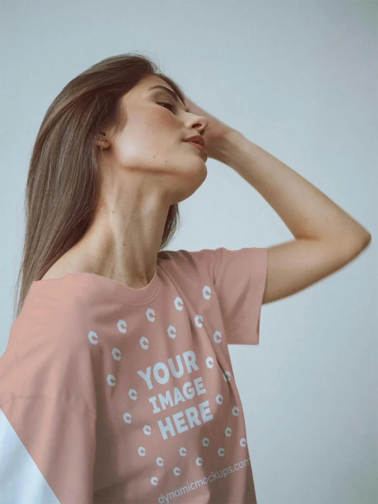 Woman Wearing Peach T-shirt Mockup Front View Template