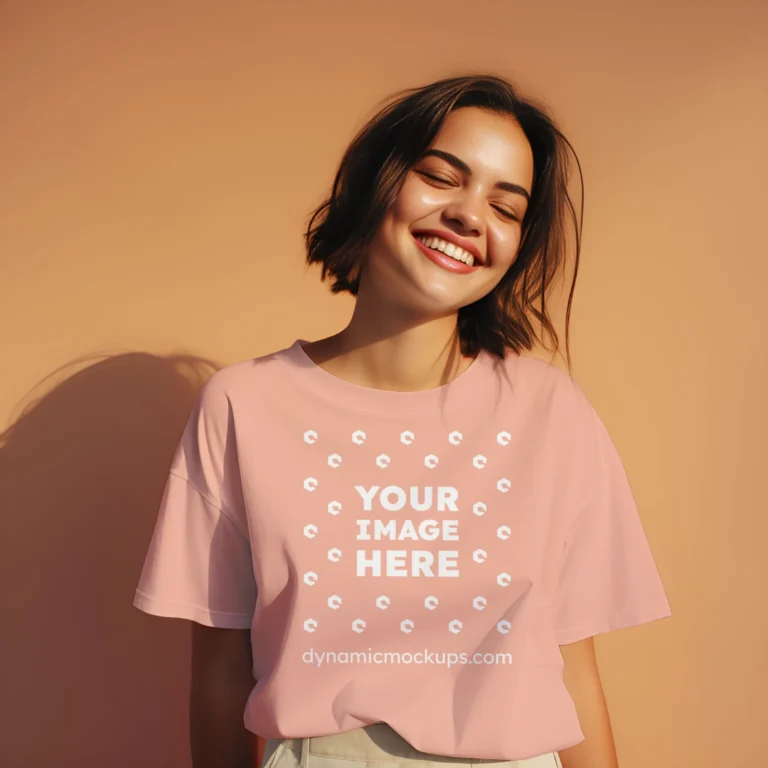 Woman Wearing Peach T-shirt Mockup Front View Template