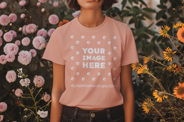 Woman Wearing Peach T-shirt Mockup Front View Template