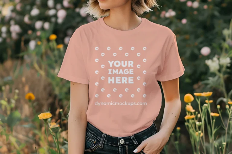 Woman Wearing Peach T-shirt Mockup Front View Template