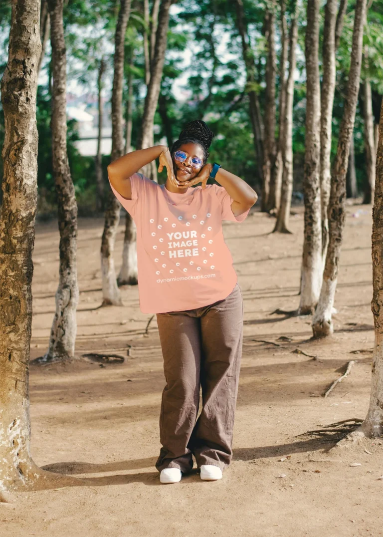 Woman Wearing Peach T-shirt Mockup Front View Template