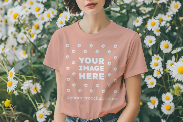 Woman Wearing Peach T-shirt Mockup Front View Template