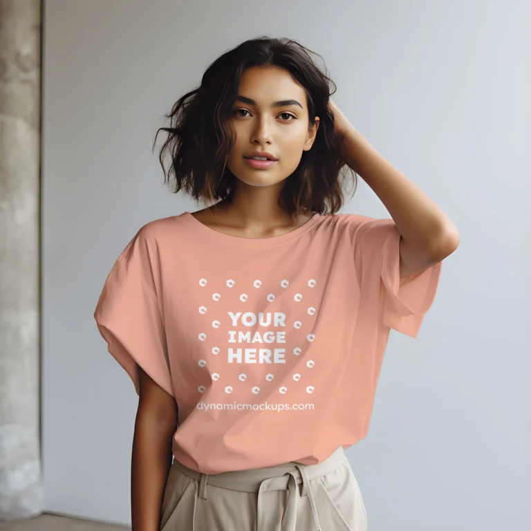 Woman Wearing Peach T-shirt Mockup Front View Template