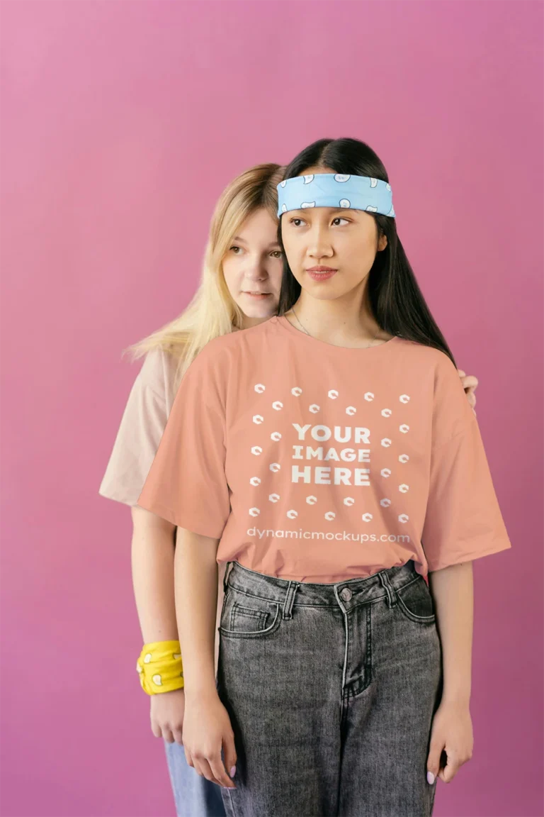 Woman Wearing Peach T-shirt Mockup Front View Template