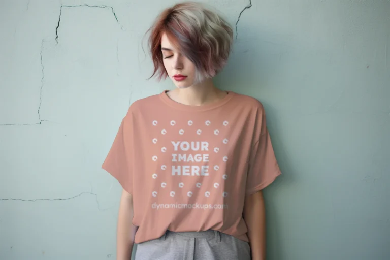 Woman Wearing Peach T-shirt Mockup Front View Template