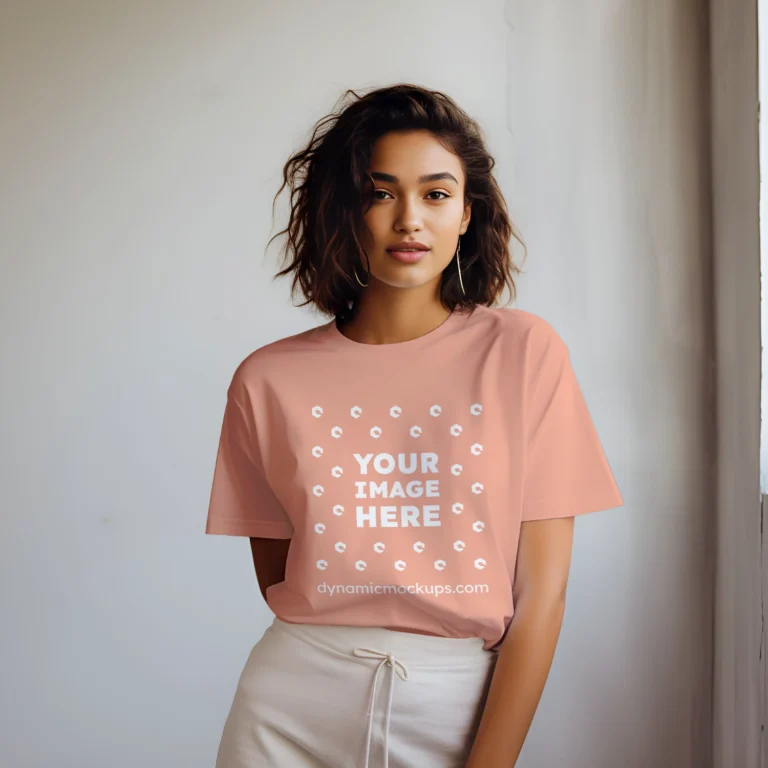 Woman Wearing Peach T-shirt Mockup Front View Template