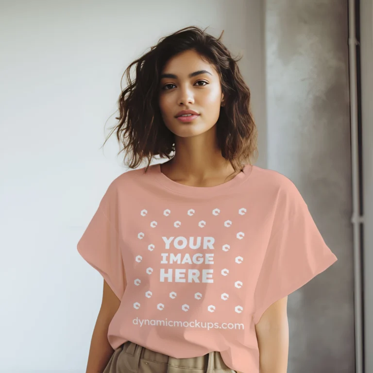 Woman Wearing Peach T-shirt Mockup Front View Template