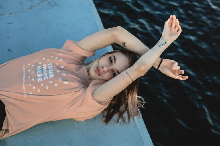 Woman Wearing Peach T-shirt Mockup Front View Template