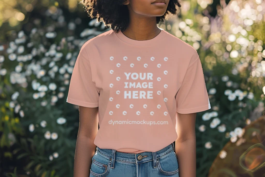 Woman Wearing Peach T-shirt Mockup Front View Template