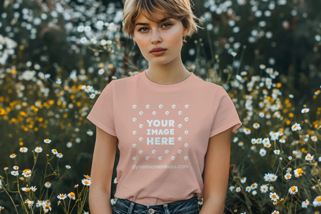 Woman Wearing Peach T-shirt Mockup Front View Template