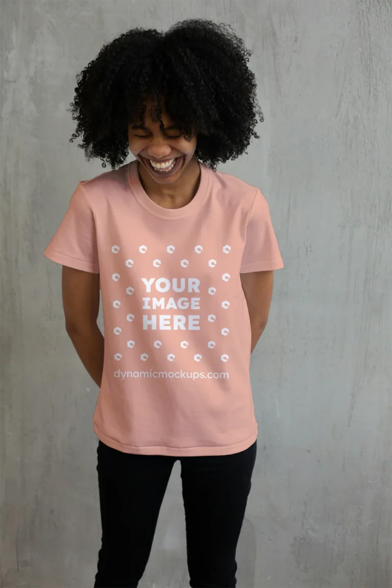 Woman Wearing Peach T-shirt Mockup Front View Template