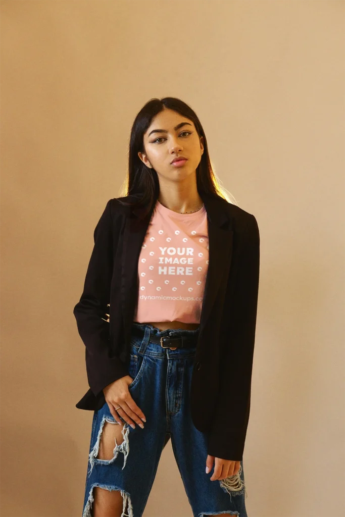 Woman Wearing Peach T-shirt Mockup Front View Template