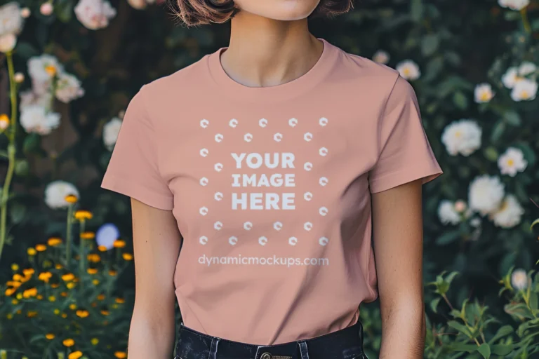 Woman Wearing Peach T-shirt Mockup Front View Template