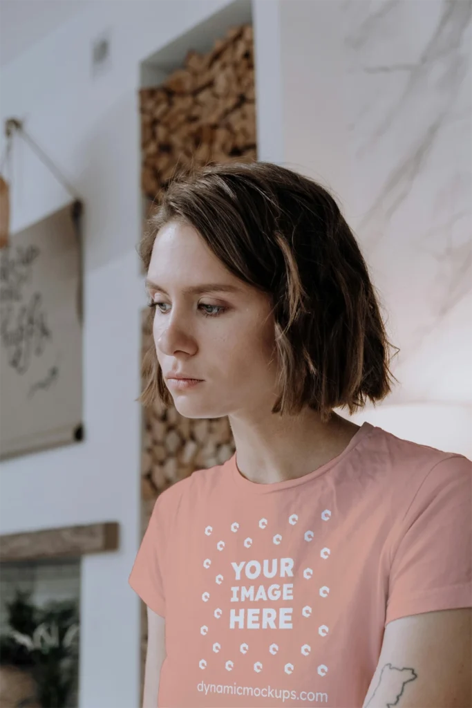 Woman Wearing Peach T-shirt Mockup Front View Template