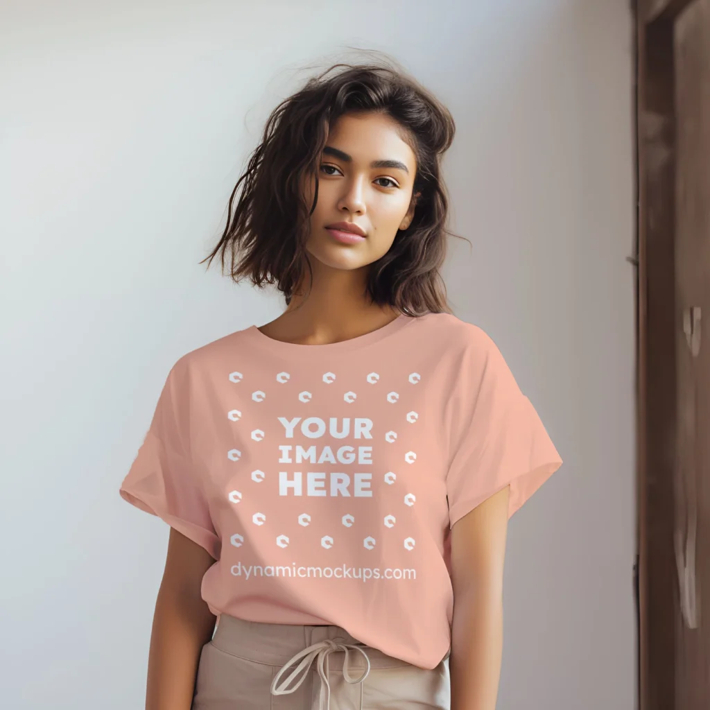 Woman Wearing Peach T-shirt Mockup Front View Template