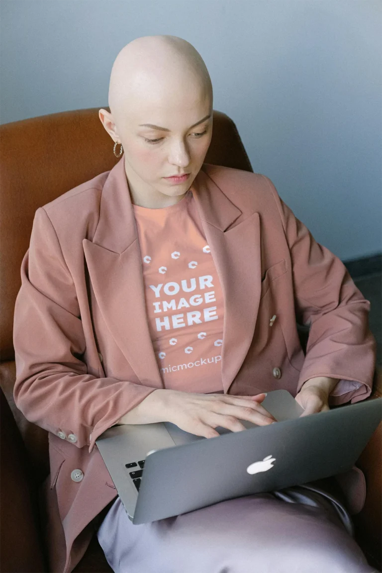 Woman Wearing Peach T-shirt Mockup Front View Template