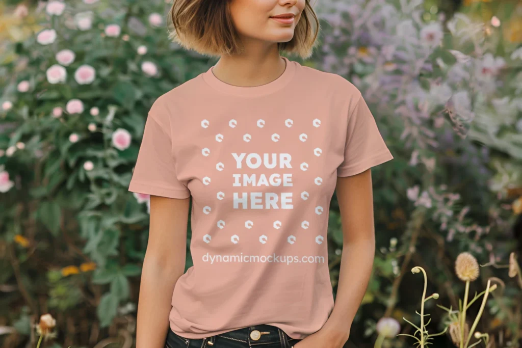 Woman Wearing Peach T-shirt Mockup Front View Template