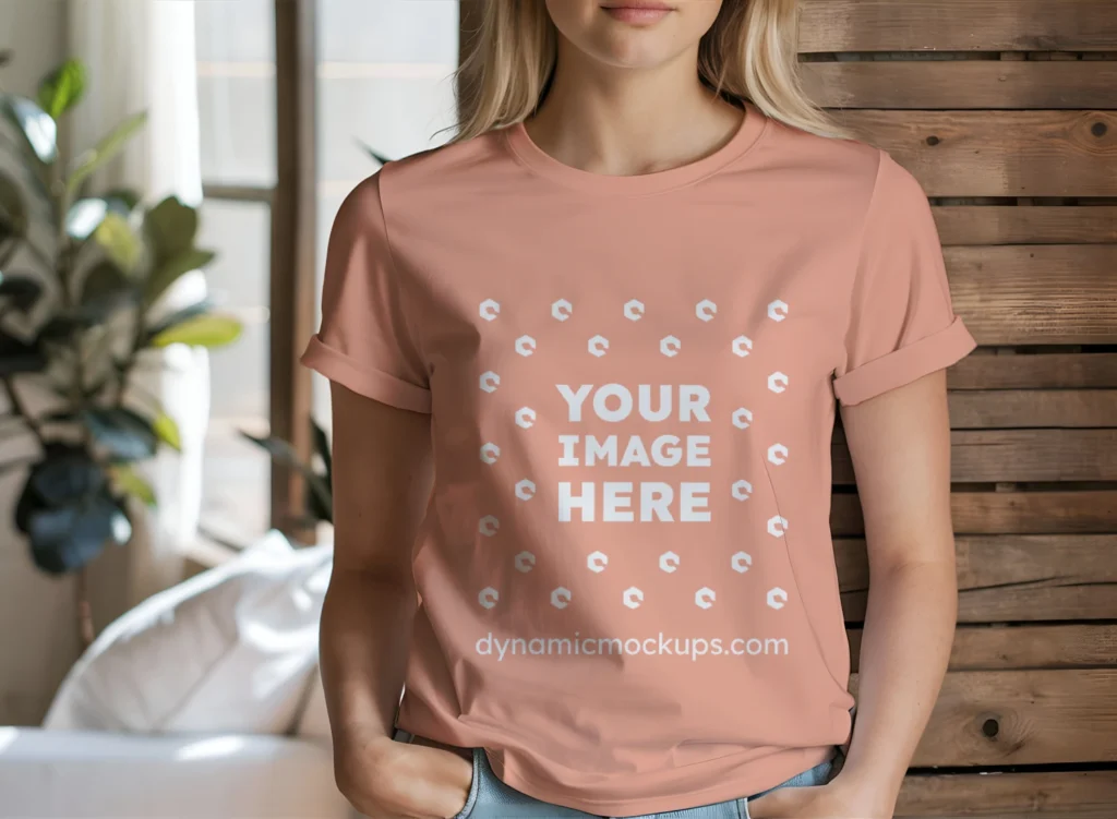 Woman Wearing Peach T-shirt Mockup Front View Template