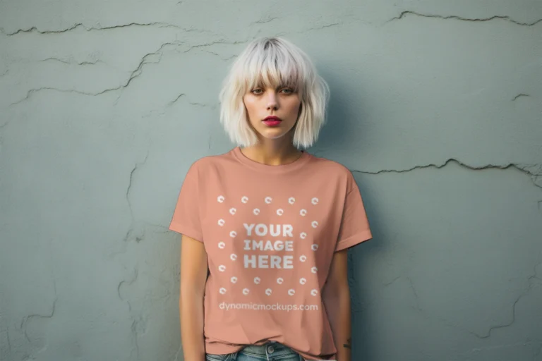 Woman Wearing Peach T-shirt Mockup Front View Template