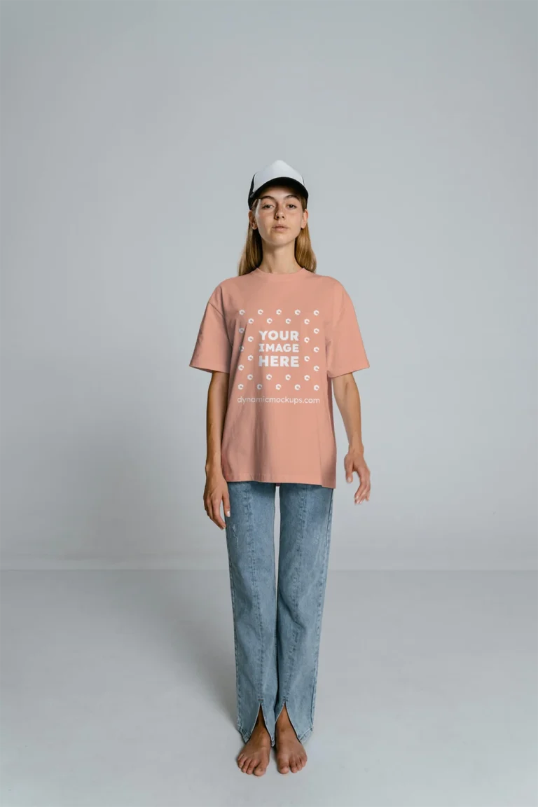 Woman Wearing Peach T-shirt Mockup Front View Template