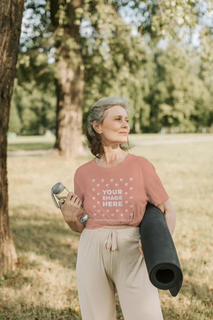 Woman Wearing Peach T-shirt Mockup Front View Template