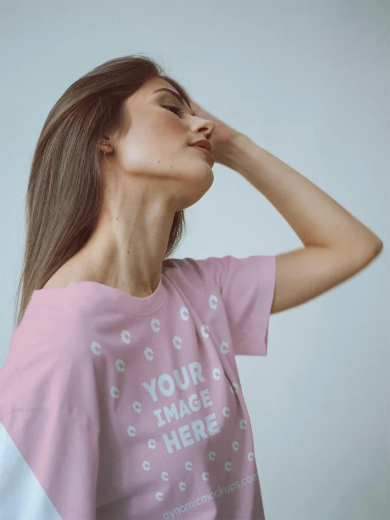 Woman Wearing Pink T-shirt Mockup Front View Template