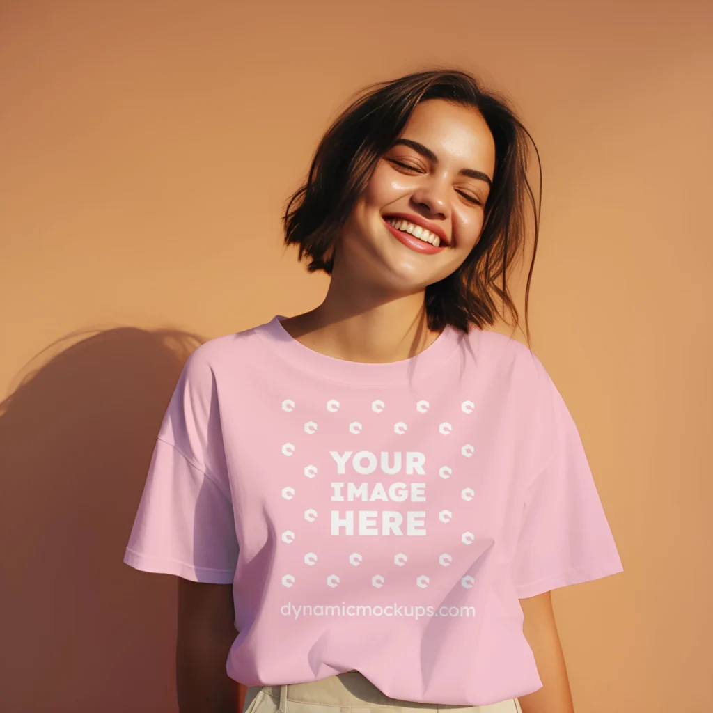 Woman Wearing Pink T-shirt Mockup Front View Template