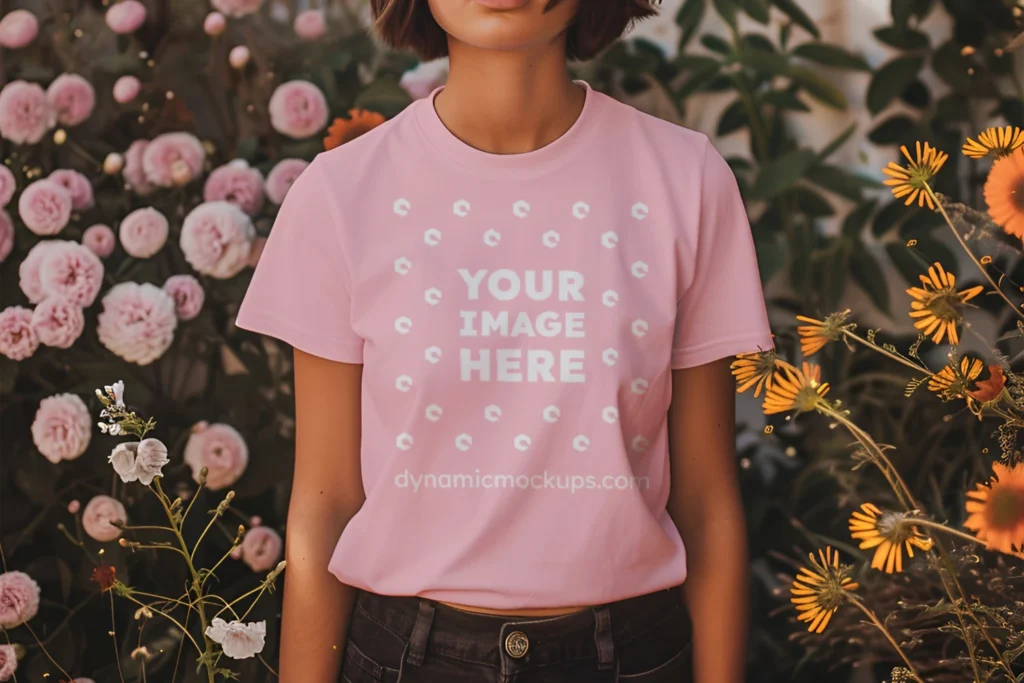 Woman Wearing Pink T-shirt Mockup Front View Template