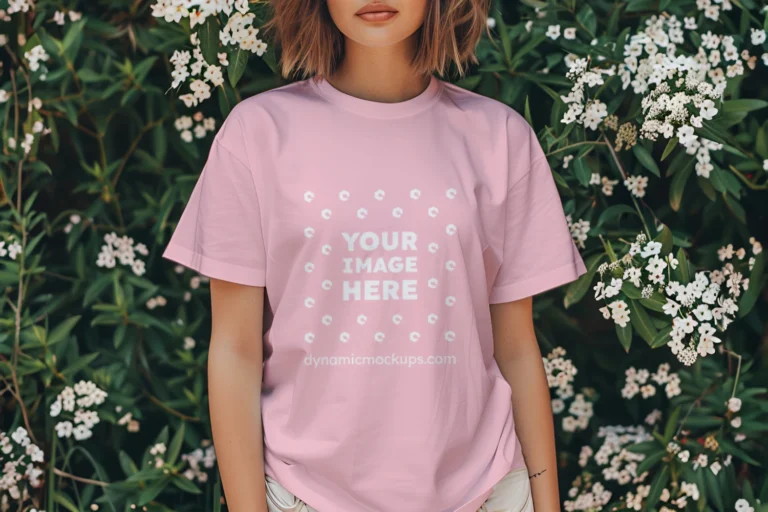 Woman Wearing Pink T-shirt Mockup Front View Template