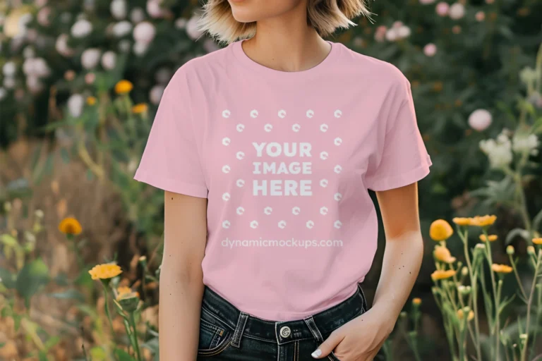 Woman Wearing Pink T-shirt Mockup Front View Template