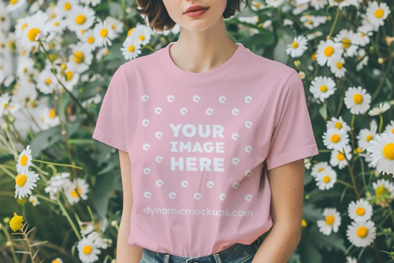 Woman Wearing Pink T-shirt Mockup Front View Template