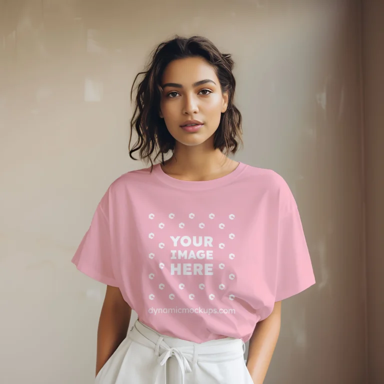 Woman Wearing Pink T-shirt Mockup Front View Template