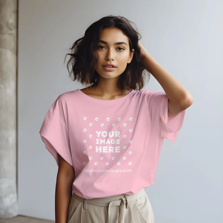 Woman Wearing Pink T-shirt Mockup Front View Template