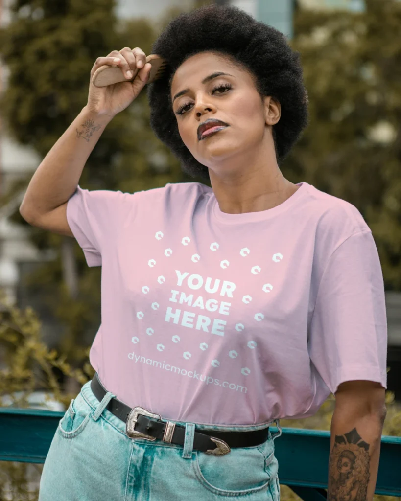 Woman Wearing Pink T-shirt Mockup Front View Template