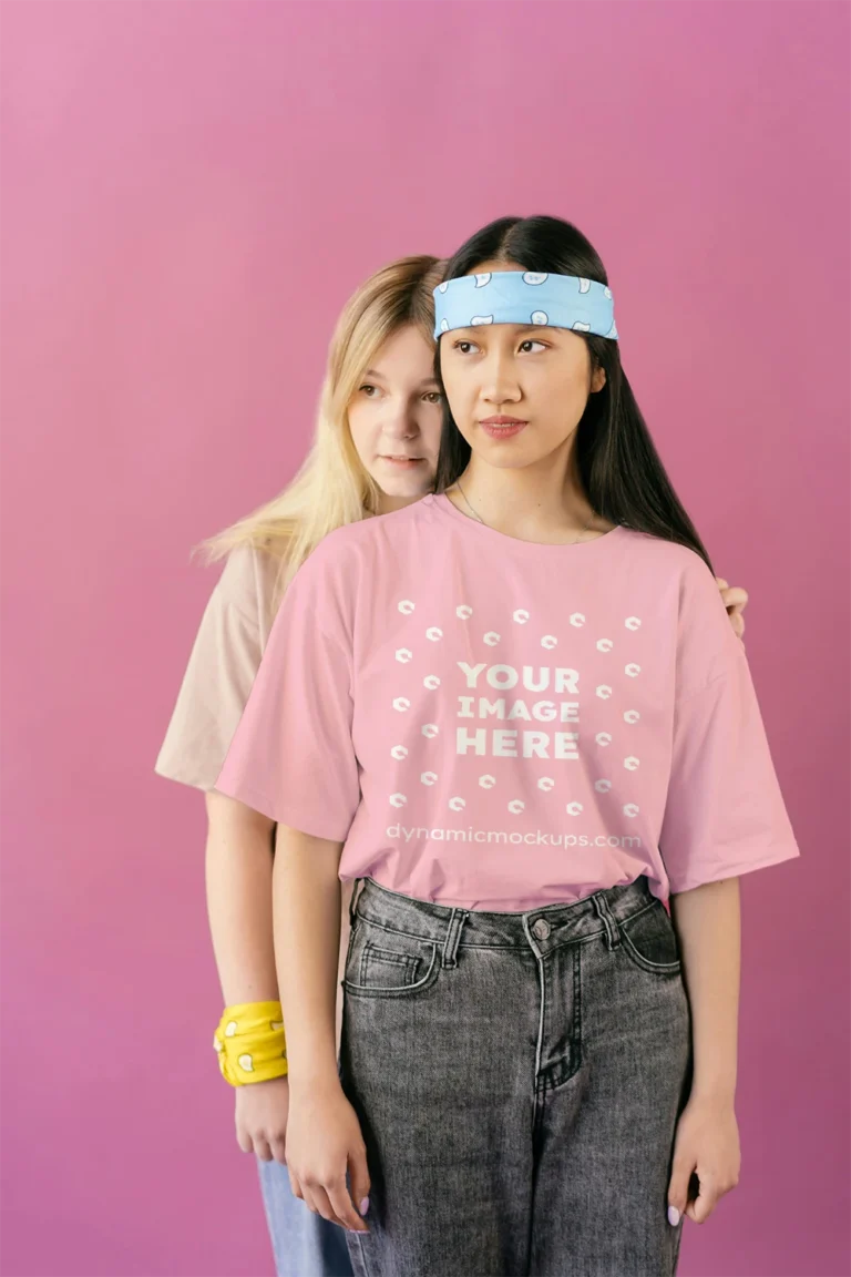 Woman Wearing Pink T-shirt Mockup Front View Template